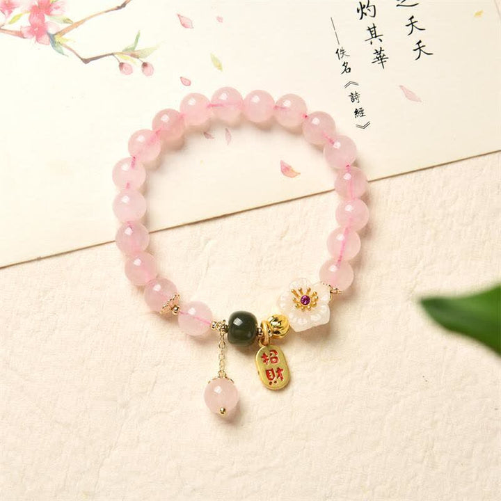 Bracelet d'amour chaleureux en cristal rose naturel avec fleur de jade et Buddha Stones