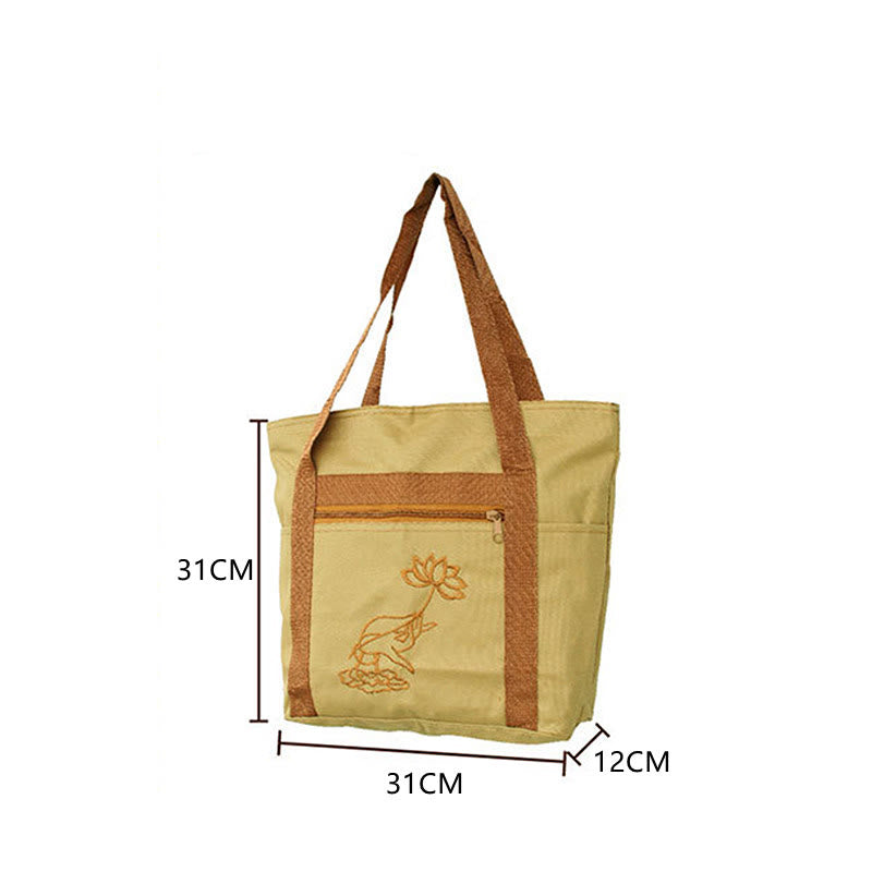 Sac fourre-tout en toile avec motif de broderie Lotus et pratique spirituelle