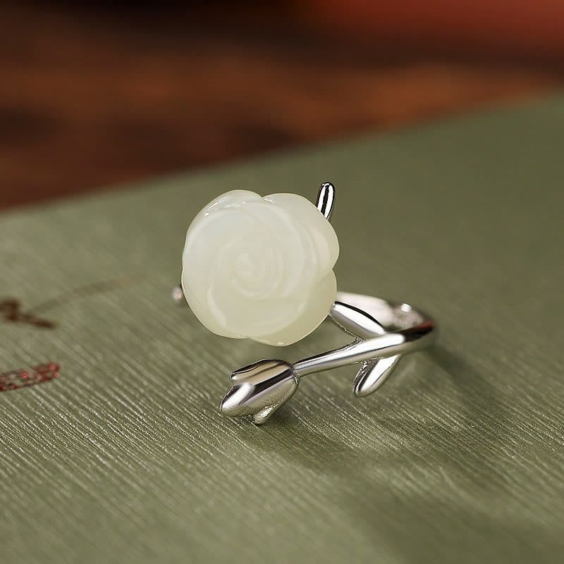 Buddha Stones 925 Argent Sterling Plaqué Or Fleur de Rose Hetian Jade Blanc Bague du Bonheur