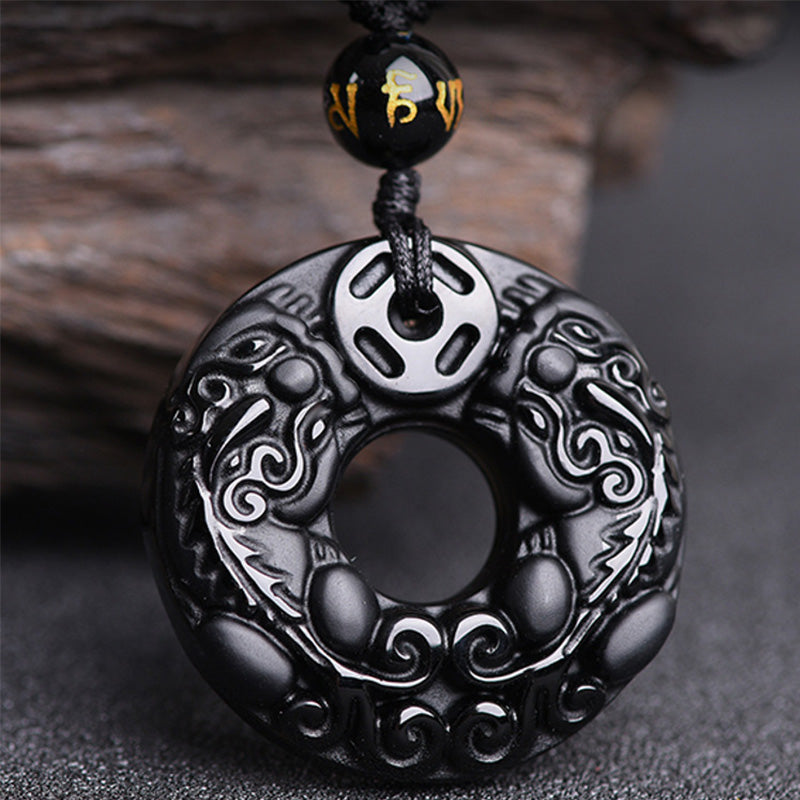 Collier avec pendentif en obsidienne Pixiu et pierres de Buddha Stones - Obsidienne - image 1