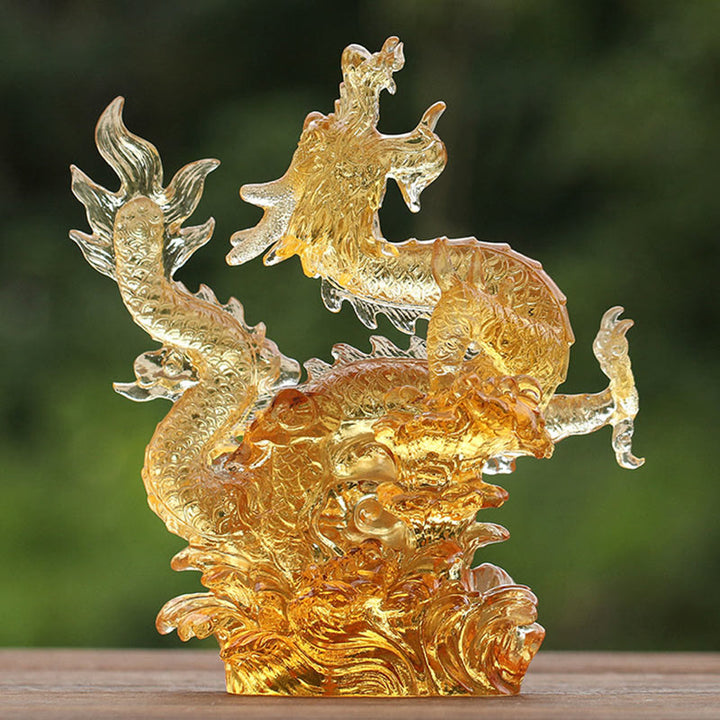Buddha Stones faites à la main, zodiaque chinois, dragon jaune, cristal Liuli, pièce d'art, protection de la chance, décoration de bureau à domicile