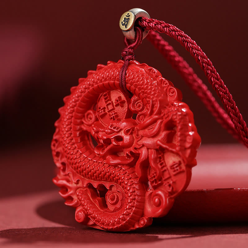 Collier pendentif porte-bonheur en argent sterling 925 avec pièce de cuivre cinabre naturel de l'année du dragon Buddha Stones
