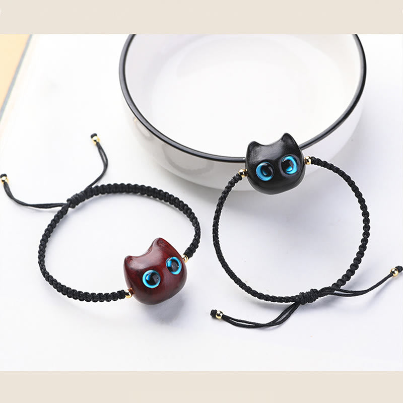 Bracelet tressé en bois de santal rouge et ébène avec petites feuilles et Buddha Stones, tête de chat mignonne, protection calme - image 19