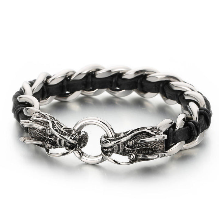 Bracelet tressé en cuir de dragon et acier titane pour protection et chance