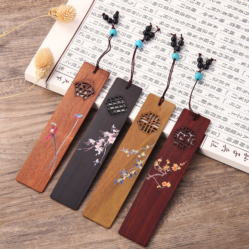 Lot de 4 marque-pages en bois avec Buddha Stones , orchidée, prunier, bambou, chrysanthème, masque d'opéra de Pékin, avec boîte cadeau - 4 pièces Quatre saisons - image 0