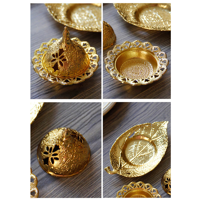 Brûleur d'encens de méditation en forme de mini-feuille d'or tibétain