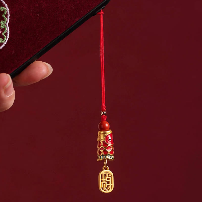 Buddha Stones Poisson Koi Cinabre Attirant la Richesse Souhait Ruyi Charme Chance Téléphone Décoration Suspendue