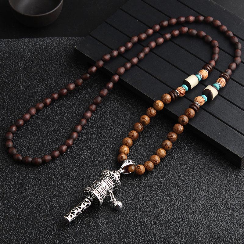 Collier de méditation en bois de wengé Buddha Stones en turquoise et perles Dzi - Roue de prière en argent - image 7