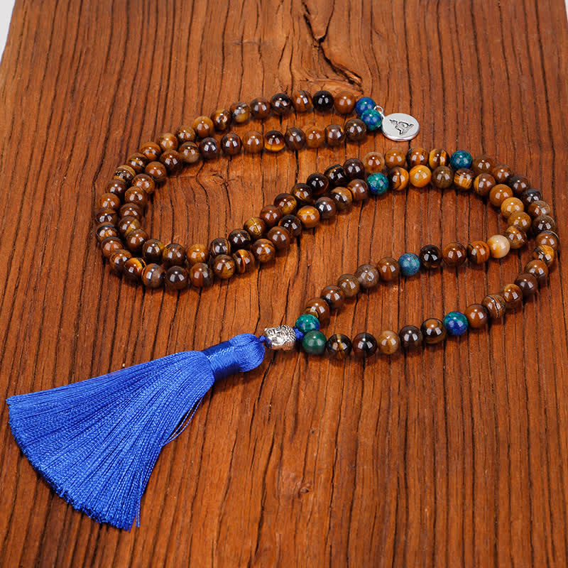 Bracelet Mala 108 Buddha Stones avec œil de tigre et pendentif en forme de pompon