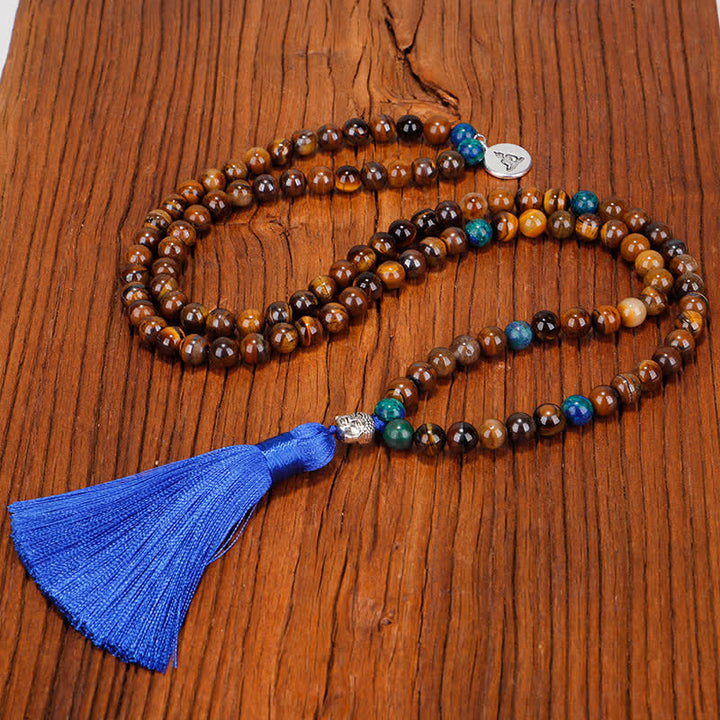 Bracelet Mala 108 Buddha Stones avec œil de tigre et pendentif en forme de pompon