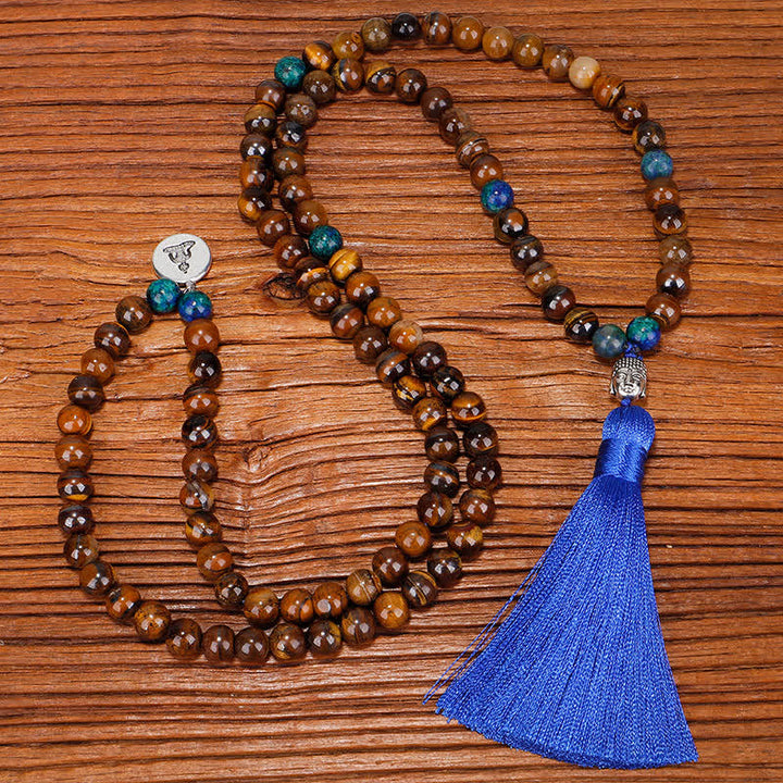 Bracelet Mala 108 Buddha Stones avec œil de tigre et pendentif en forme de pompon