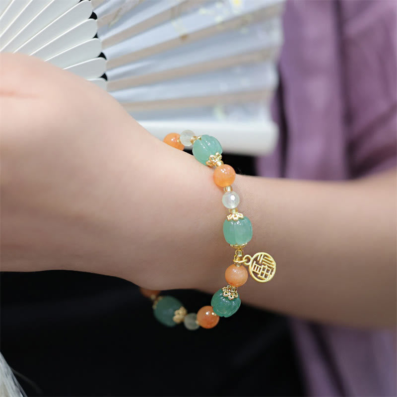 Bracelet de richesse avec breloque en jade et soie Buddha Stones naturelle en forme de citrouille et de caractère Fu
