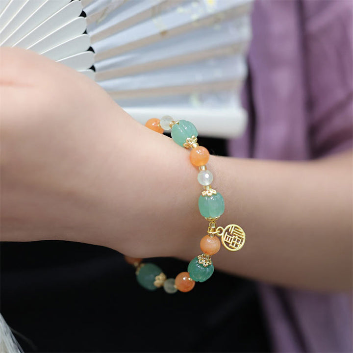 Bracelet de richesse avec breloque en jade et soie Buddha Stones naturelle en forme de citrouille et de caractère Fu