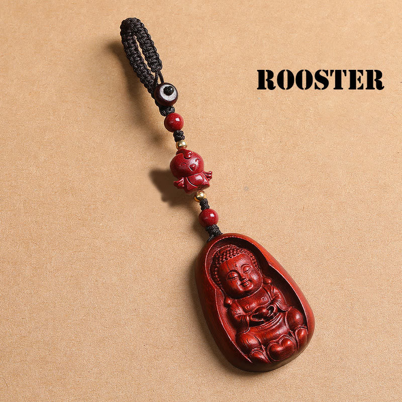 Porte-clés de protection en Buddha Stones en bois de santal rouge à petites feuilles, amulette du zodiaque chinois en cinabre