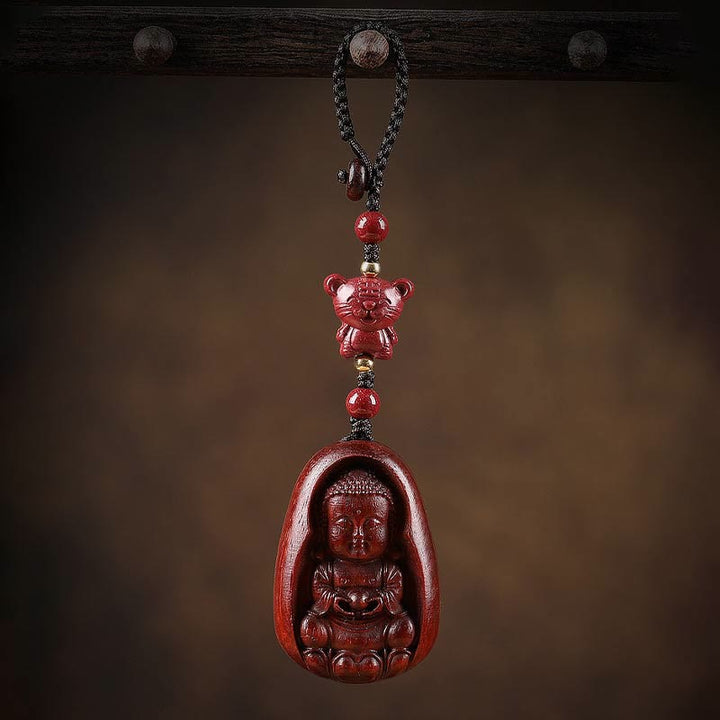 Porte-clés de protection en Buddha Stones en bois de santal rouge à petites feuilles, amulette du zodiaque chinois en cinabre