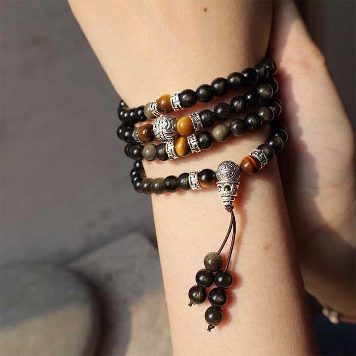 Collier Bracelet Énergie Obsidienne Dorée