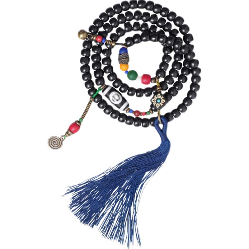 Buddha Stones Mala 108 perles en bois d'ébène et perles Dzi en cuivre avec pampilles et équilibre