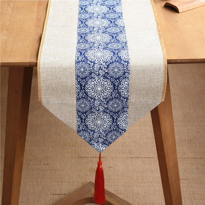 Chemin de table en coton et lin avec pompons, Buddha Stones, style chinois classique, lotus, poisson koï, fleur, grue, calligraphie, illumination