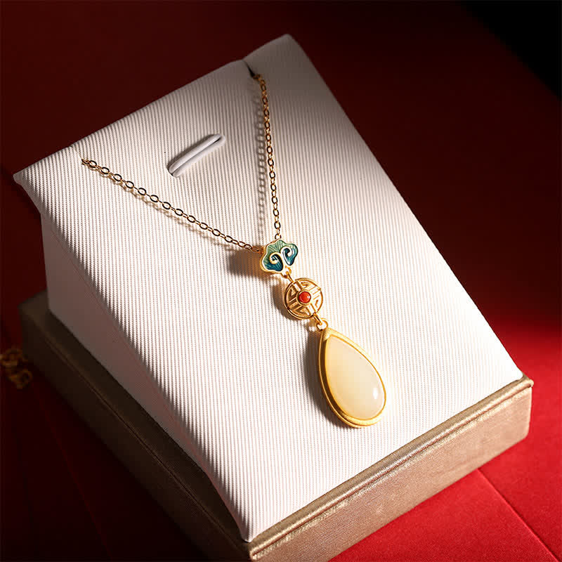 Collier avec pendentif en forme de goutte d'eau en argent sterling 925 et jade blanc Hetian