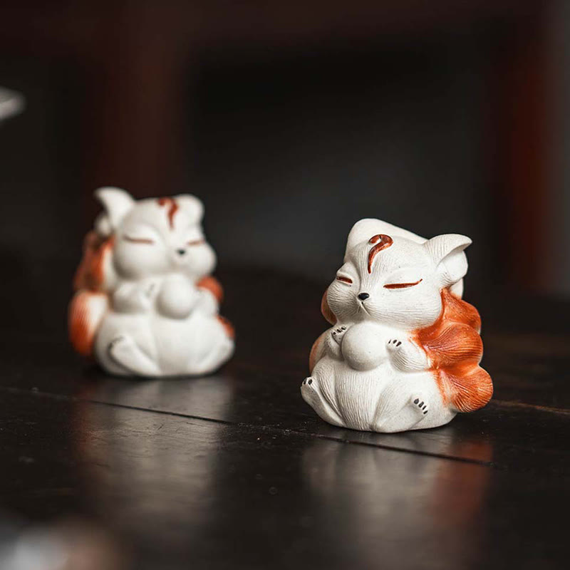 Mini renard à neuf queues en argile violette, décoration de bureau porte-bonheur en Buddha Stones
