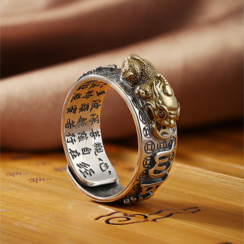 Bague de richesse tibétaine en argent sterling 990 Buddha Stones Om Mani Padme Hum PiXiu Dorje Vajra Heart Sutra gravé