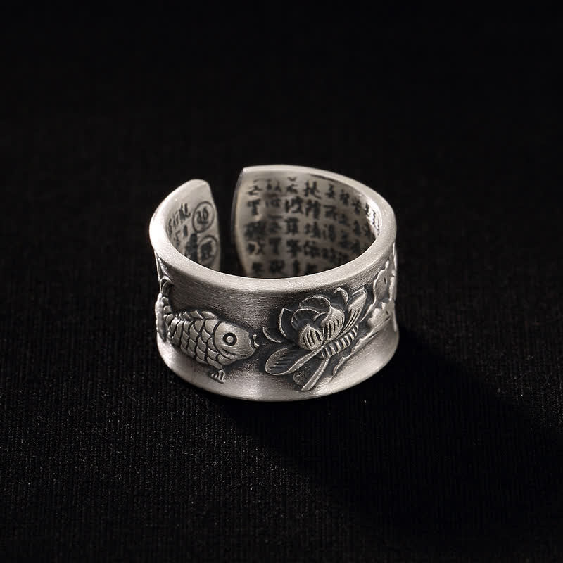 Bague porte-bonheur en argent sterling 999 Buddha Stones et poisson Koi, lotus, cœur, Sutra de la richesse