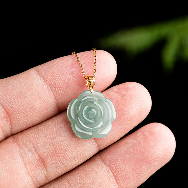 Collier pendentif porte-bonheur en jade naturel rose en argent sterling 925 et or 18 carats avec pierres de Buddha Stones