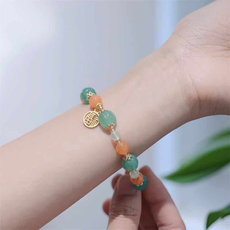 Bracelet de richesse avec breloque en jade et soie Buddha Stones naturelle en forme de citrouille et de caractère Fu
