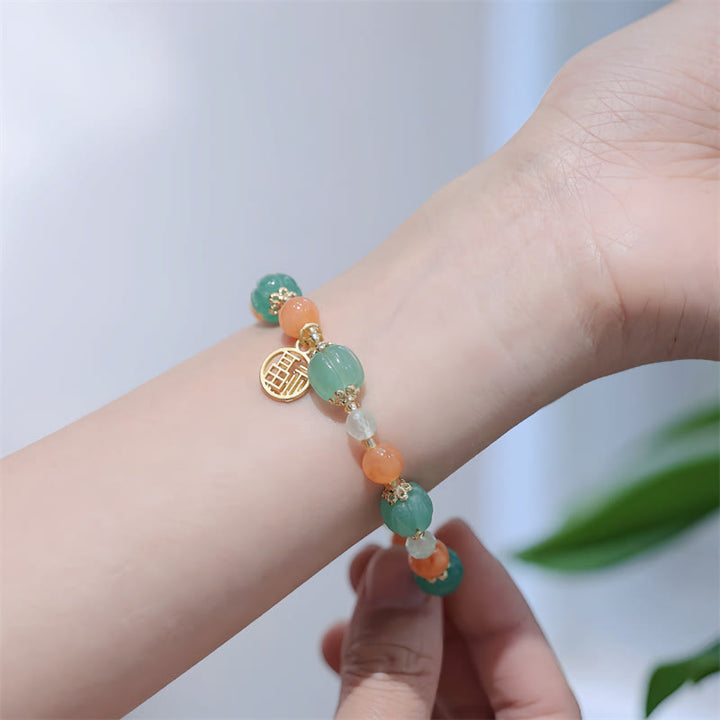 Bracelet de richesse avec breloque en jade et soie Buddha Stones naturelle en forme de citrouille et de caractère Fu