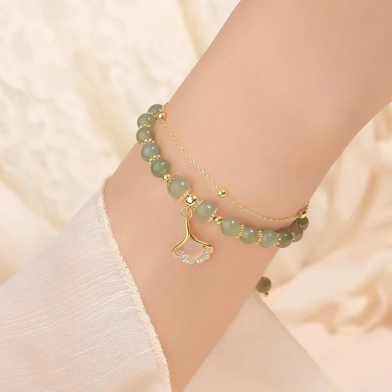 Bracelet de perles porte-bonheur en Buddha Stones, feuille de jade, ginkgo, tulipe, arachide, personnage Fu