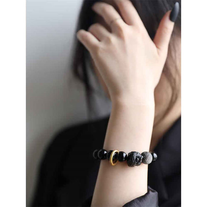 Bracelet Force du Lion en Obsidienne Noire et Argent