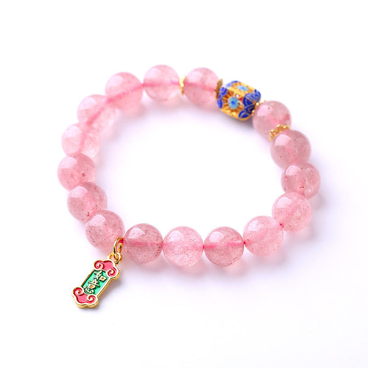 Bracelet à breloques Ruyi positif en quartz fraise et Buddha Stones