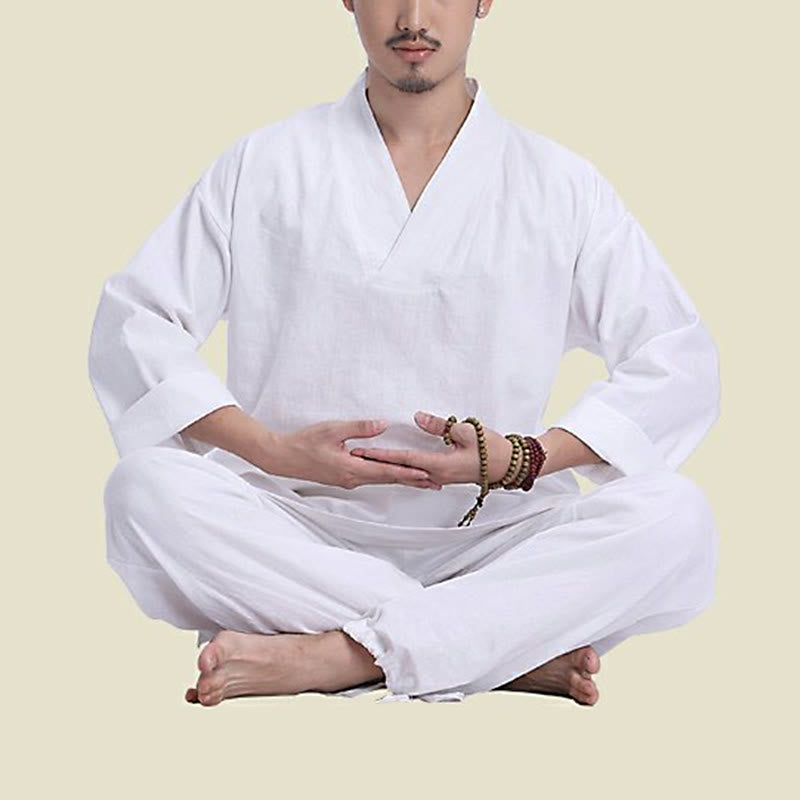Ensemble de vêtements de yoga pour homme Buddha Stones, méditation, prière, col en V, coton et lin, pratique spirituelle zen - image 17