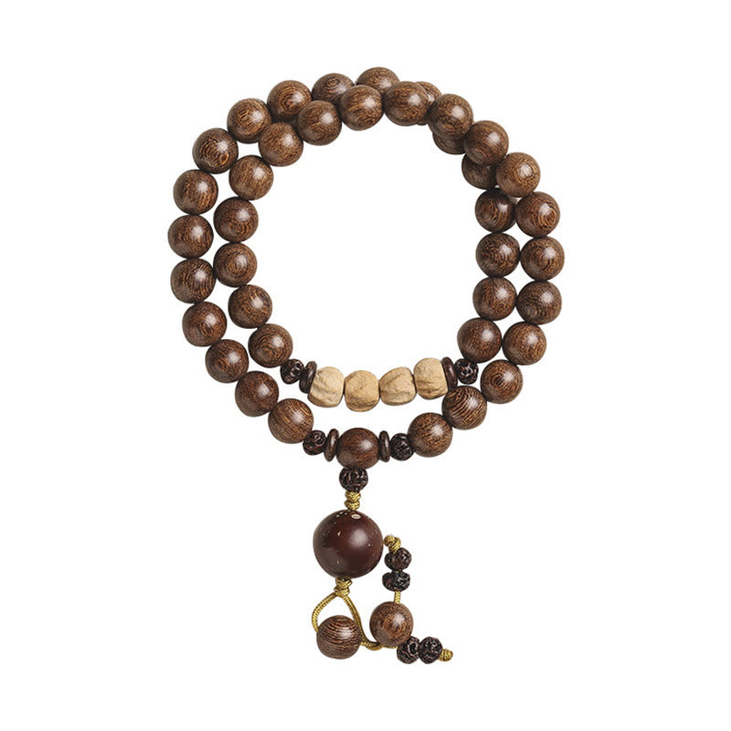Bracelet double tour de purification en bois de santal et petites feuilles de bois de santal rouge et pierres de Buddha Stones
