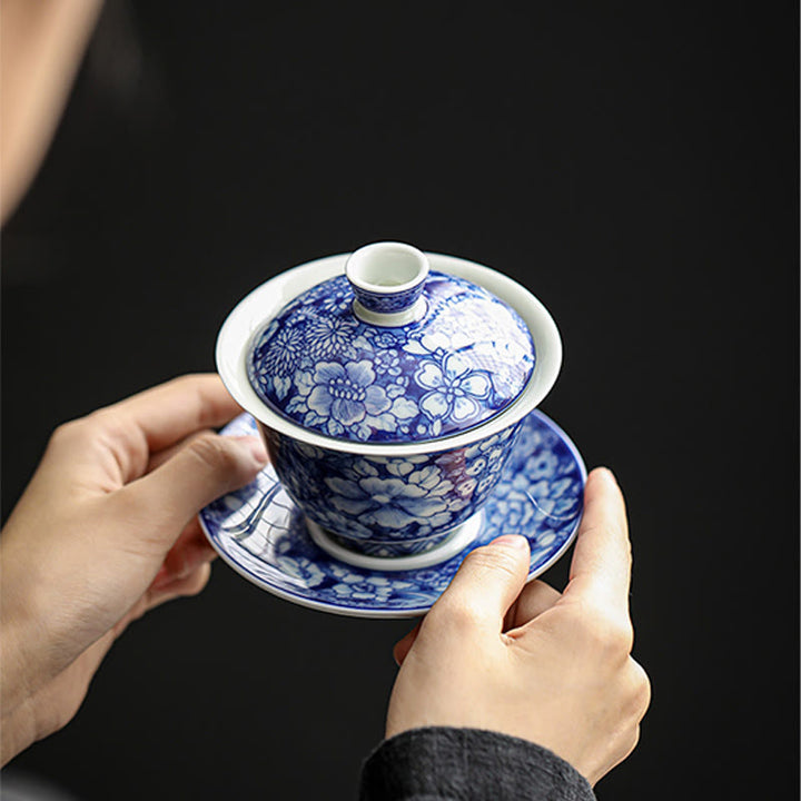 Tasse à thé et soucoupe en porcelaine bleue et blanche vintage en céramique Gaiwan Sancai Kung Fu avec couvercle