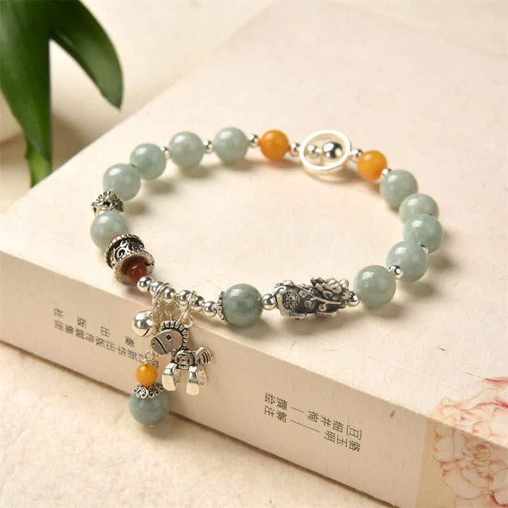 Bracelet de réussite en argent sterling 925 avec Buddha Stones et jade naturel et ambre PiXiu Pony