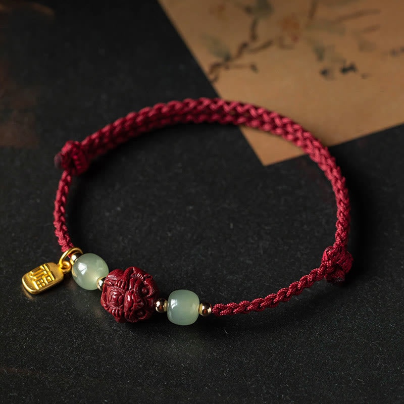 Bracelet en corde porte-bonheur en jade Hetian Buddha Stones et cinabre naturel, signe du zodiaque chinois