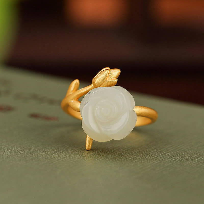 Buddha Stones 925 Argent Sterling Plaqué Or Fleur de Rose Hetian Jade Blanc Bague du Bonheur