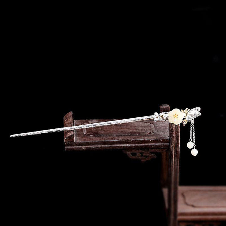 Épingle à cheveux en argent sterling 925 avec fleur de jade blanc Hetian