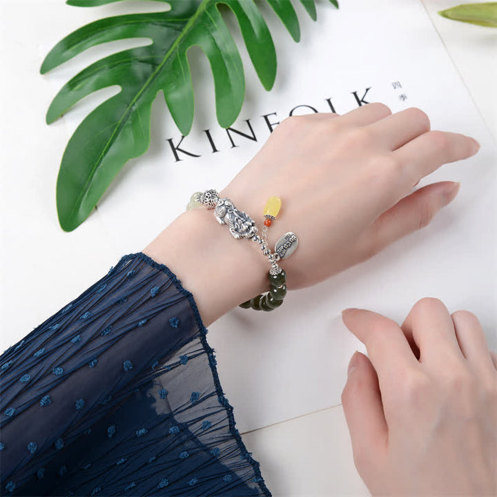 Bracelet porte-bonheur PiXiu en argent sterling 925 et jade Hetian naturel avec Buddha Stones