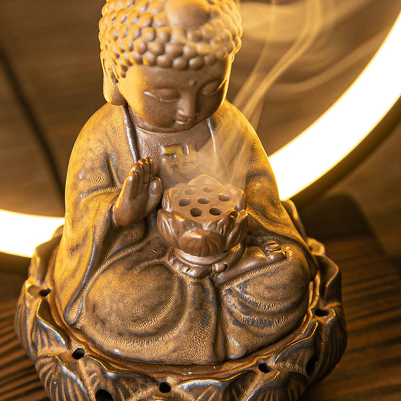 Buddha Stones Bouddha Lotus Fontaine à fumée à refoulement Brûleur d'encens de bénédiction en céramique avec décoration lumineuse