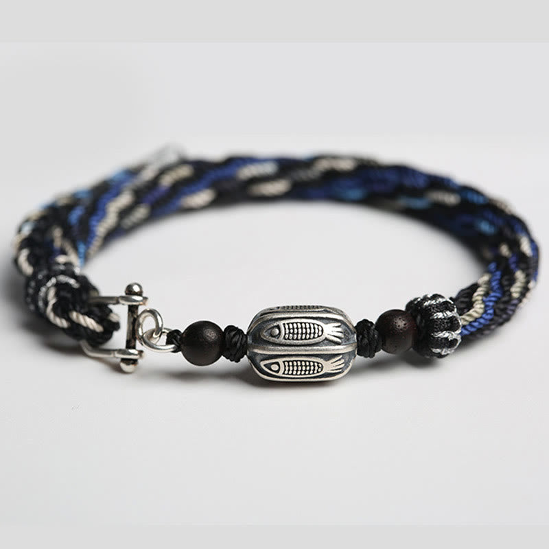 Buddha Stones tressé en argent sterling 925 avec nœud de réincarnation et poisson koï