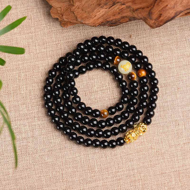Bracelet Mala de protection PiXiu en obsidienne avec Buddha Stones et zodiaque chinois - image 2
