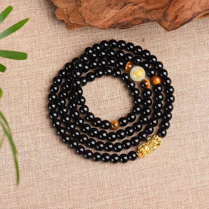 Bracelet Mala de protection PiXiu en obsidienne avec Buddha Stones et zodiaque chinois - image 2