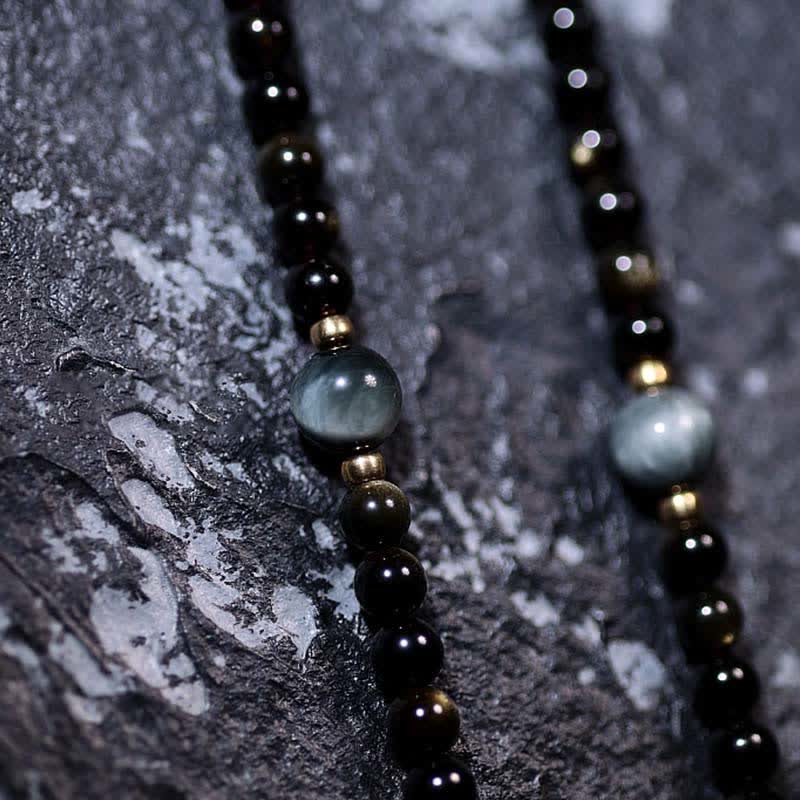 Bracelet de richesse en pierre d'oeil de tigre et d'aigle avec 108 Buddha Stones de Mala en obsidienne dorée brillante