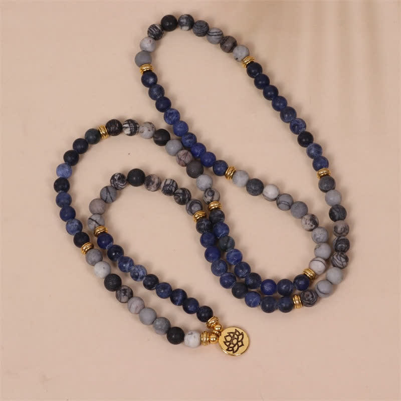 Bracelet Mala 108 Buddha Stones, sodalite, jaspe zèbre, cristal, lotus, force