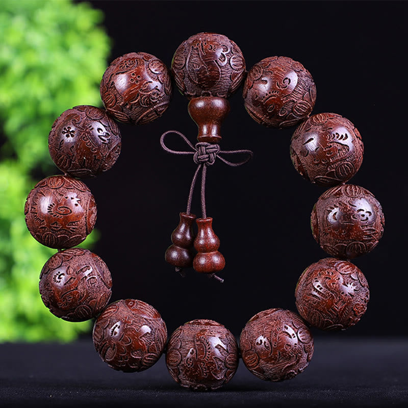 Bracelet de chaleur sculpté PiXiu en bois de rose, ébène, pièce de cuivre et Buddha Stones, signe du zodiaque chinois