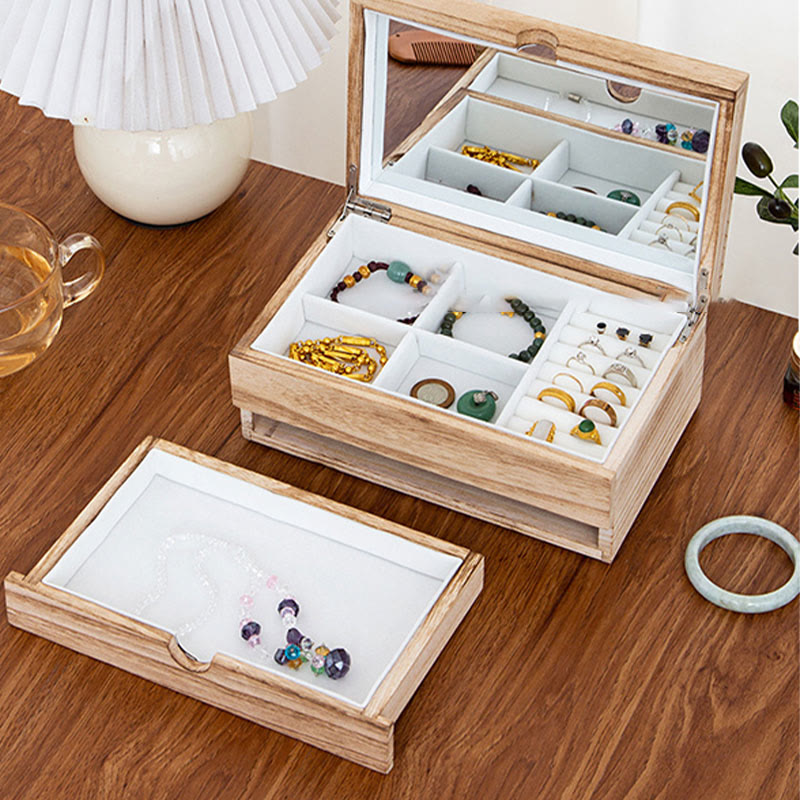 Coffret à bijoux rétro en bois beige Buddha Stones Coffret de rangement à bijoux à deux niveaux avec miroir - image 5