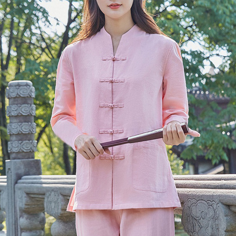Buddha Stones Spirituelle Zen Pratique Yoga Méditation Prière Uniforme Coton Lin Vêtements Ensemble Femme - Rose - US18，UK/AU22，EU50 (6XL) - image 4