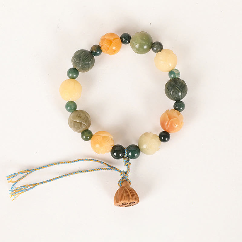 Bracelet Buddha Stones Bodhi Seed Lotus Bead Gravé Moss Agate Peace Calm
